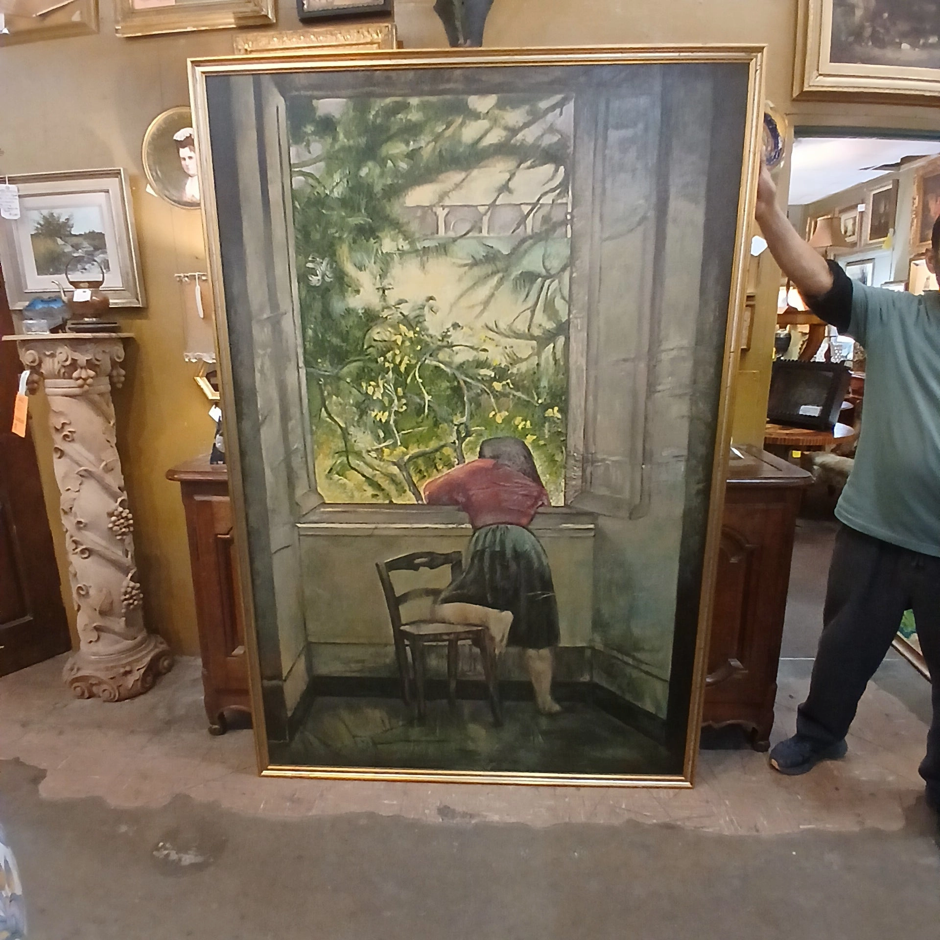LARGE OIL PAINTING OF A GIRL BY THE WINDOW -AFTER BALTHUS