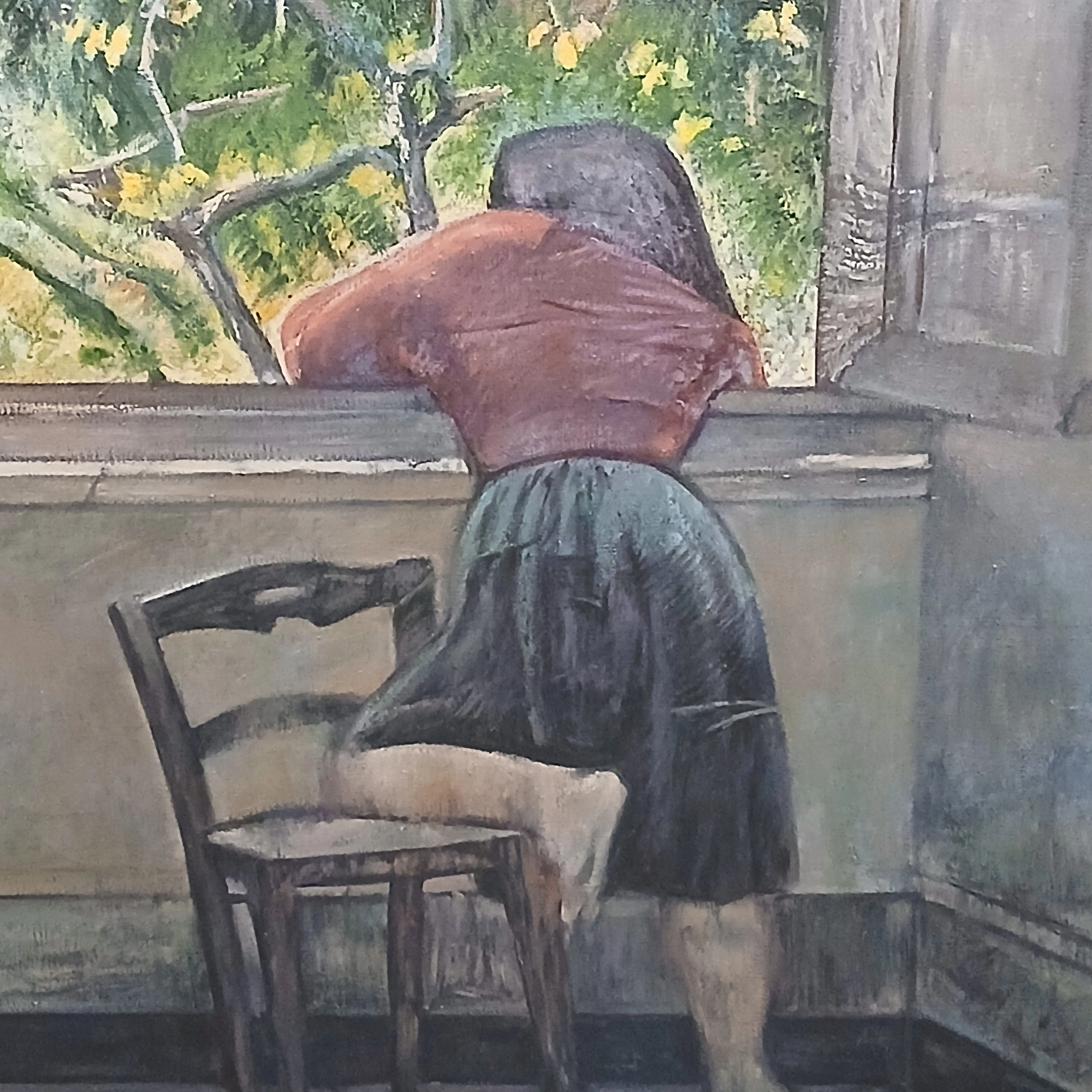 LARGE OIL PAINTING OF A GIRL BY THE WINDOW -AFTER BALTHUS