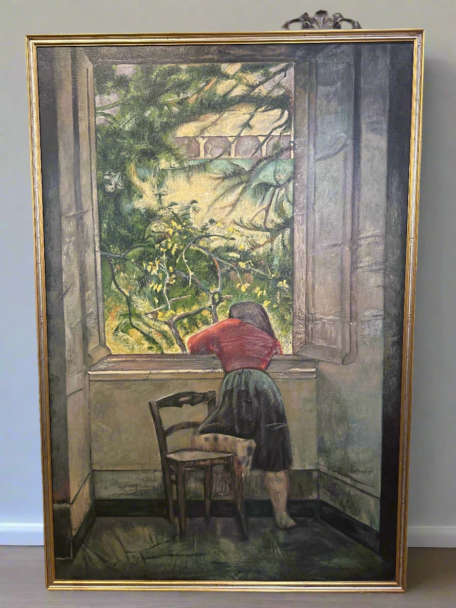 LARGE OIL PAINTING OF A GIRL BY THE WINDOW -AFTER BALTHUS classic mural painting