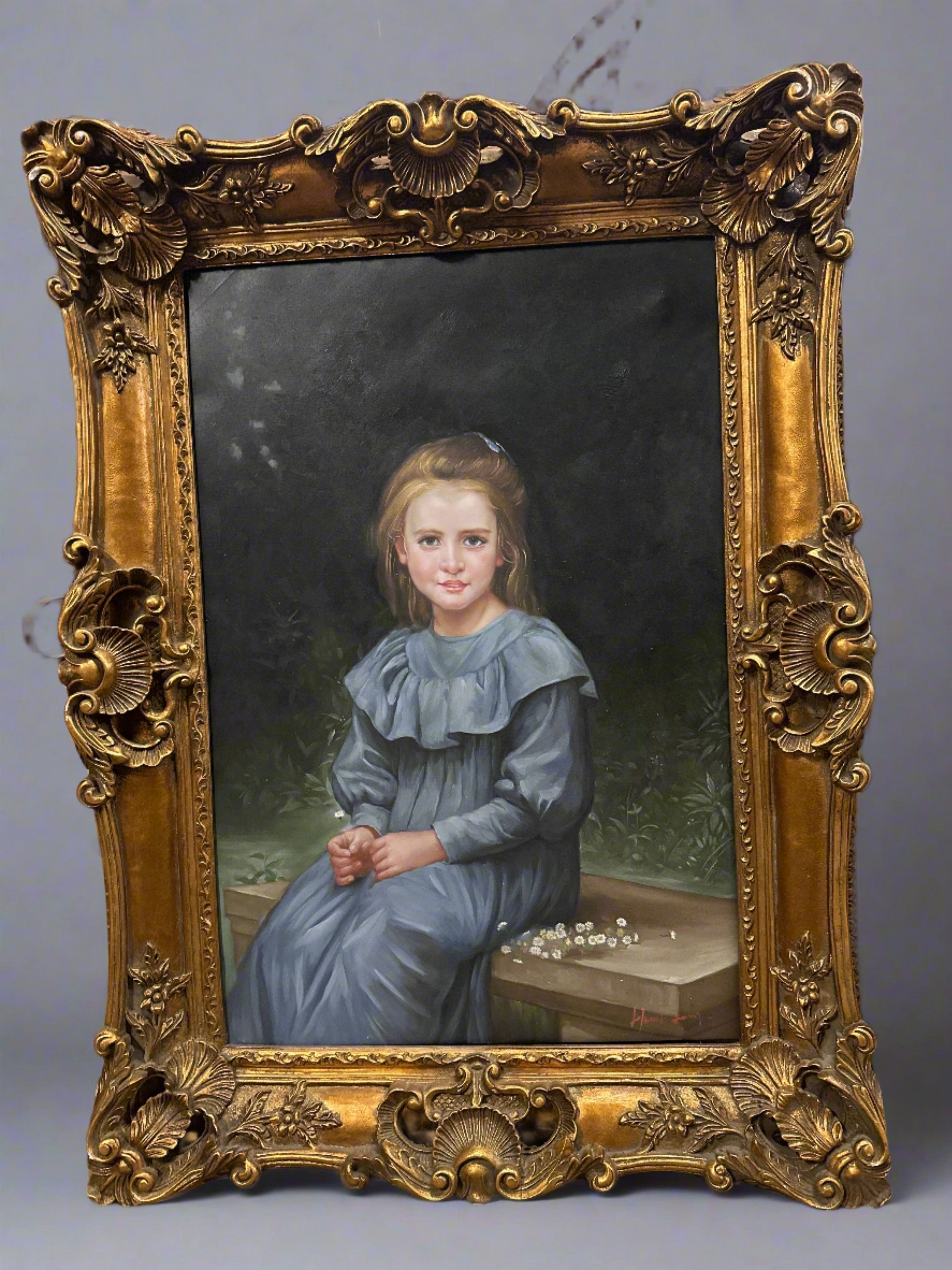 LARGE OIL PAINTING OF A YOUNG WOMAN IN BLUE DRESS IN GOLD ORNATE FRAME classic mural painting