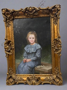 LARGE OIL PAINTING OF A YOUNG WOMAN IN BLUE DRESS IN GOLD ORNATE FRAME classic mural painting