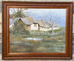 LARGE OIL PAINTING OF COUNTRY HOUSE SIGNED TUTCIO classic mural painting