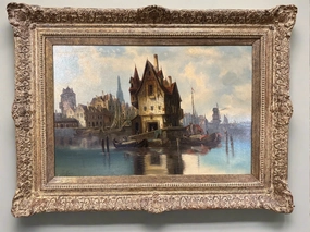 LARGE OIL PAINTING OF DUTCH HARBOR WHARF BY LISTED ARTIST JAN HOOM classic mural painting