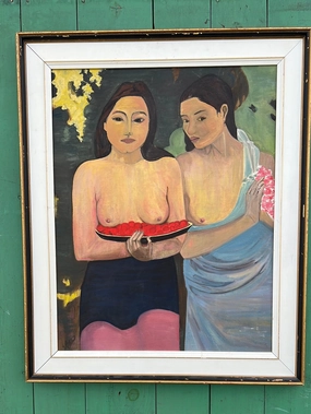 LARGE OIL PAINTING OF ISLAND GIRLS (AFTER GAUGIN) classic mural painting
