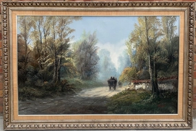 LARGE OIL PAINTING OF OF CARRIAGE IN THE WOODS BY GEORGE DEARA classic mural painting