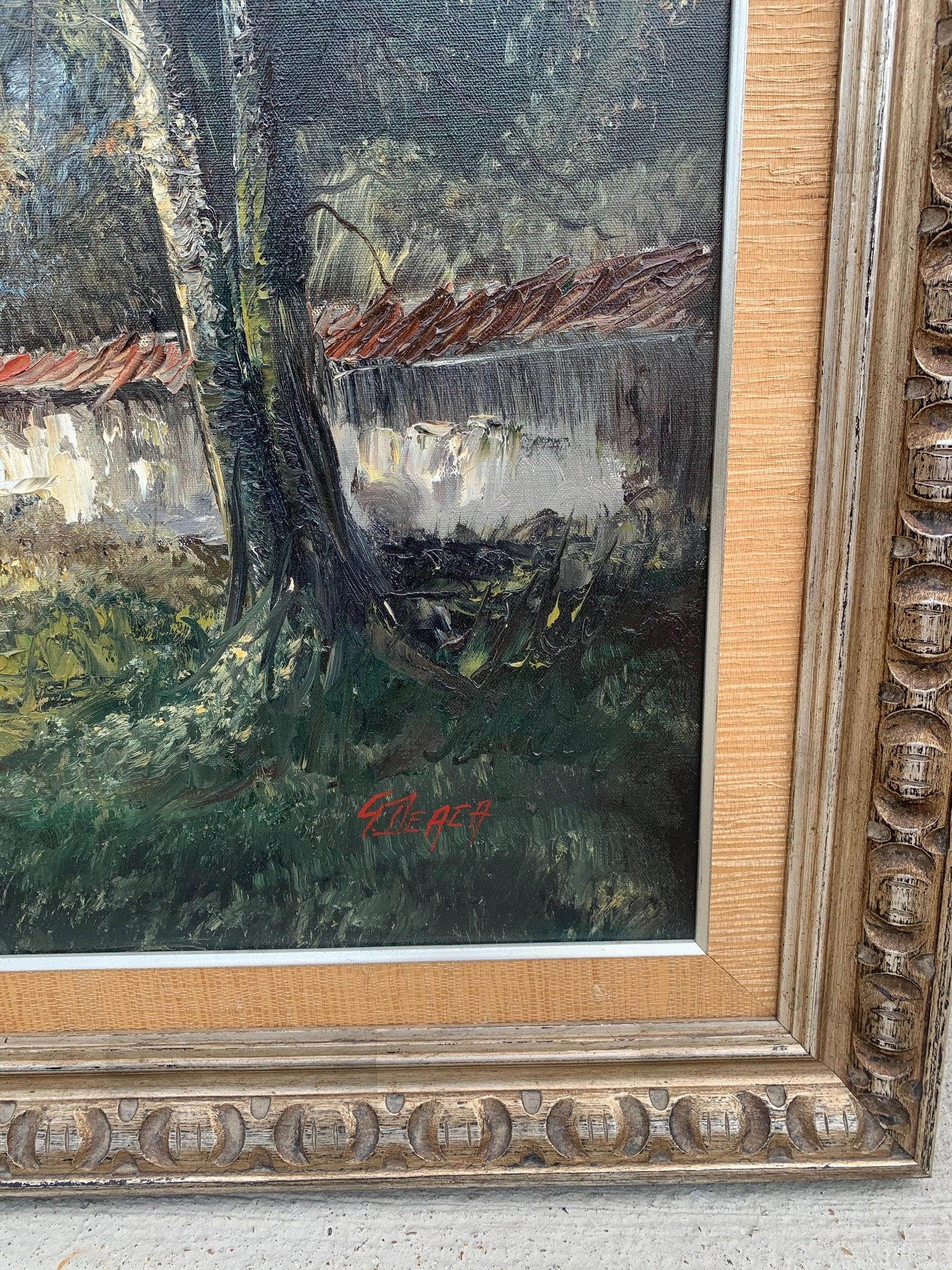 LARGE OIL PAINTING OF OF CARRIAGE IN THE WOODS BY GEORGE DEARA