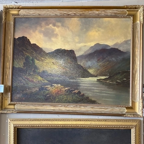 LARGE OIL PAINTING ON CANVAS OF MOUNTAINS WITH RIVER BY THOMAS BLAKE classic mural painting