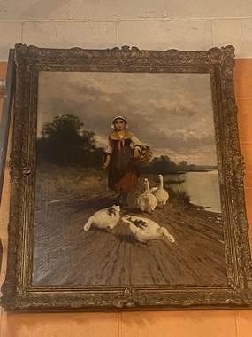 LARGE OIL PAINTING ON CANVAS OF YOUNG GIRL WITH GAGGLE OF GEESE classic mural painting
