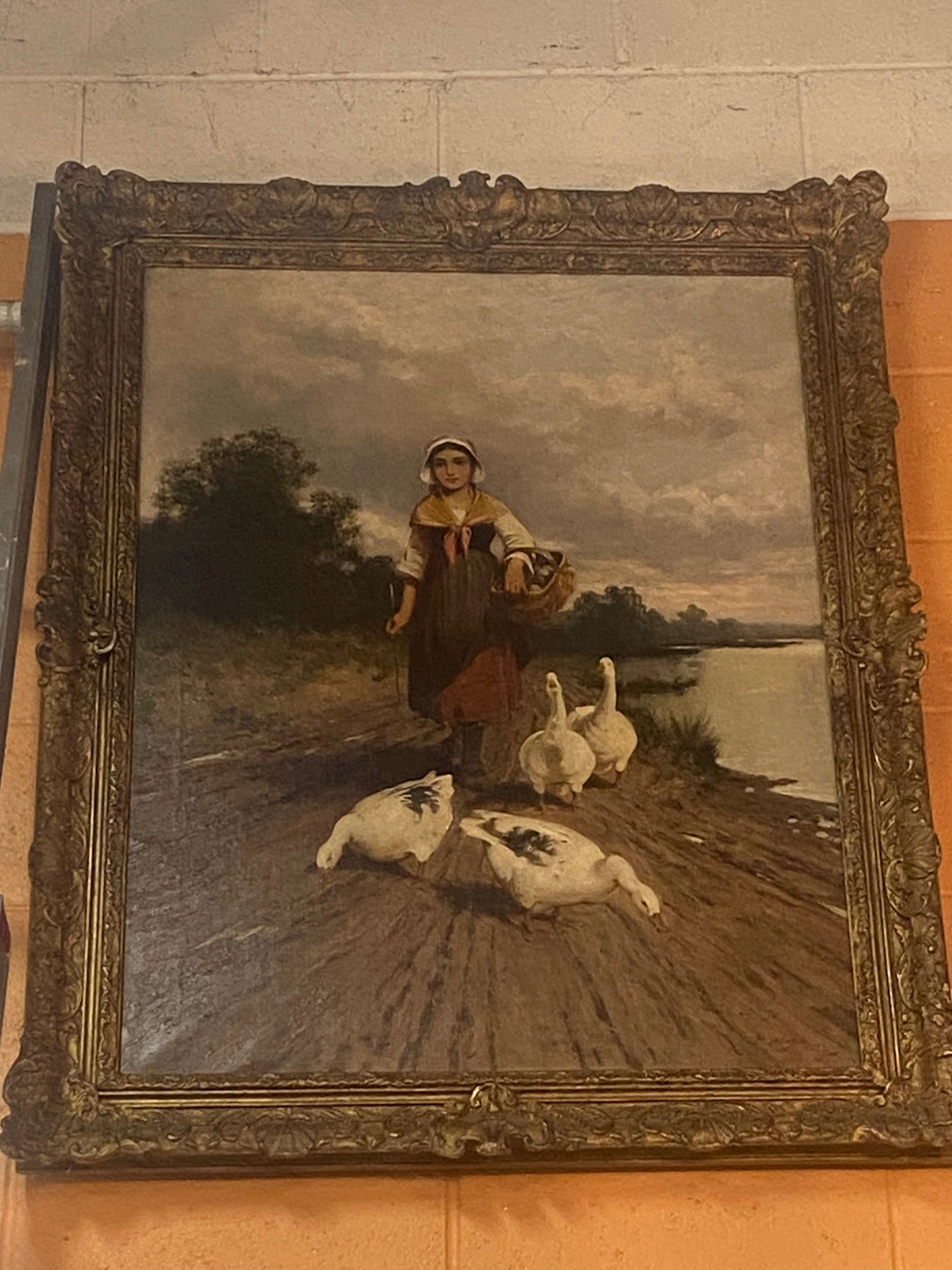 LARGE OIL PAINTING ON CANVAS OF YOUNG GIRL WITH GAGGLE OF GEESE classic mural painting
