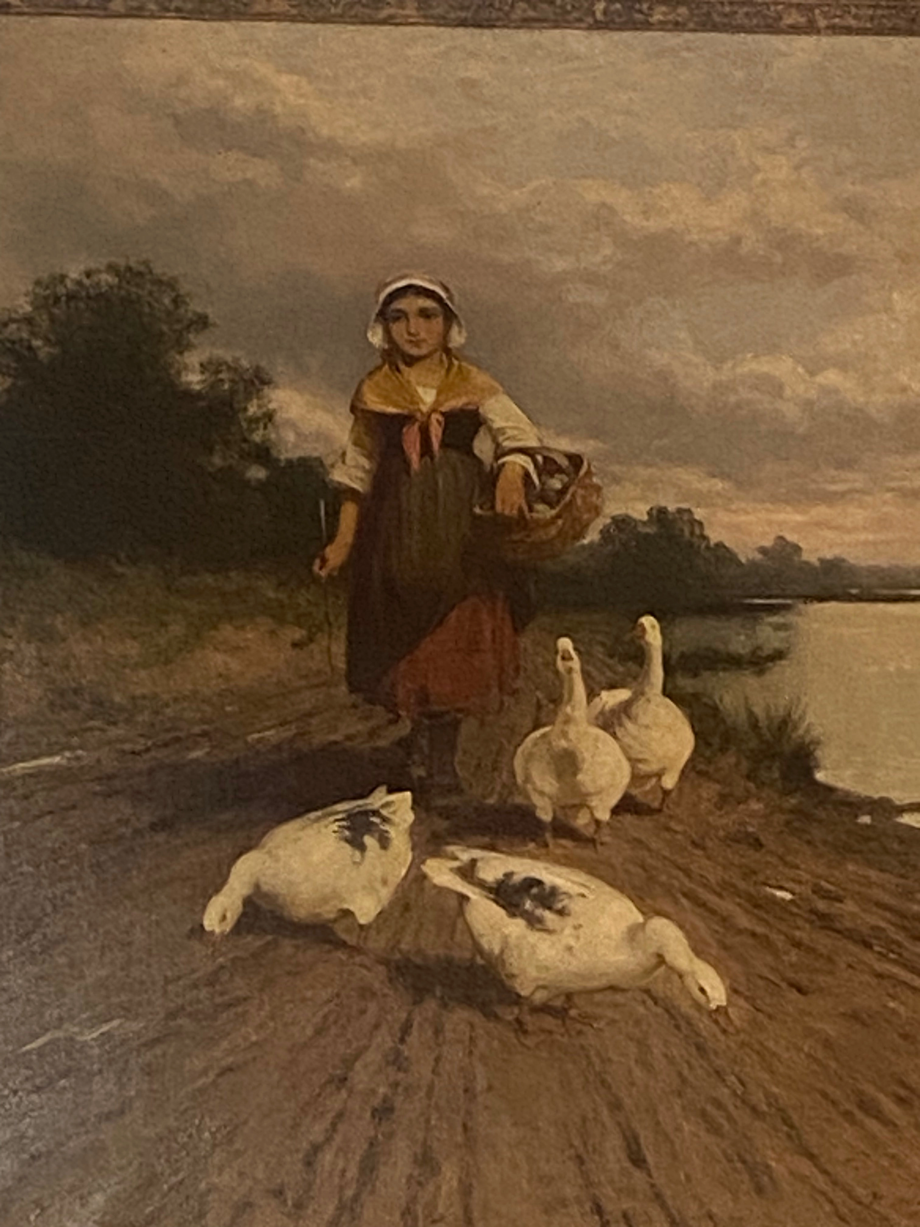 LARGE OIL PAINTING ON CANVAS OF YOUNG GIRL WITH GAGGLE OF GEESE