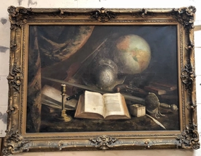 LARGE OIL PAINTING ON CANVAS STILL LIFE WITH GLOBE classic mural painting