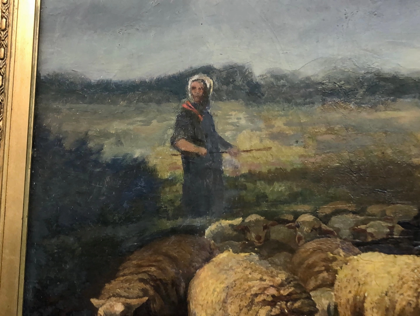 LARGE ORNATE GOLD FRAMED LANDSCAPE OIL PAINTING ON CANVAS WITH SHEEP AND SHEPHERD