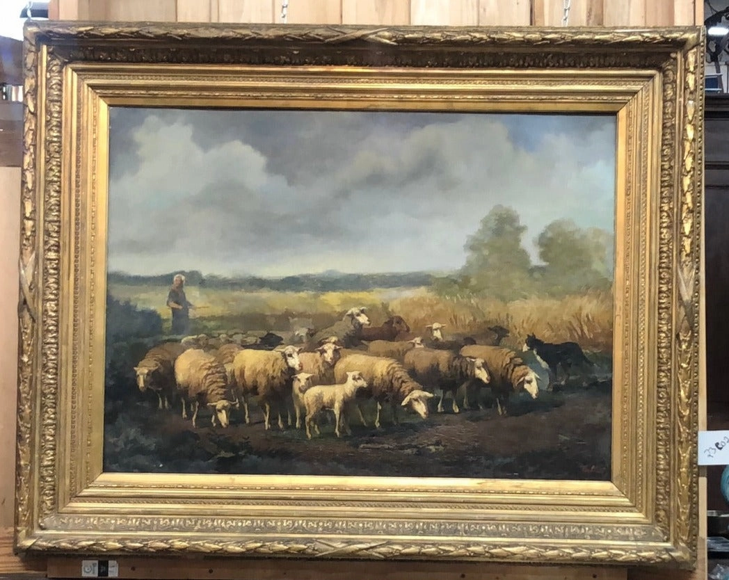 LARGE ORNATE GOLD FRAMED LANDSCAPE OIL PAINTING ON CANVAS WITH SHEEP AND SHEPHERD classic mural painting