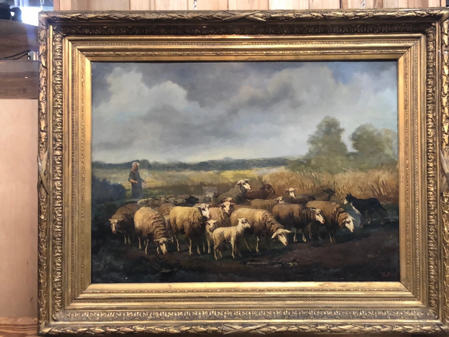 LARGE ORNATE GOLD FRAMED LANDSCAPE OIL PAINTING ON CANVAS WITH SHEEP AND SHEPHERD