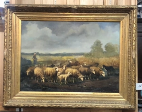LARGE ORNATE GOLD FRAMED LANDSCAPE OIL PAINTING ON CANVAS WITH SHEEP AND SHEPHERD classic mural painting