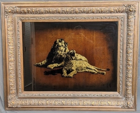 LARGE PAINTING OF A LION IN BEAUTIFUL FRAME WITH GLASS classic mural painting