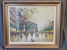 LARGE PARIS STREET SCENE IN THE SNOW OIL PAINTING BY ANTONIO BLANCHARD classic mural painting