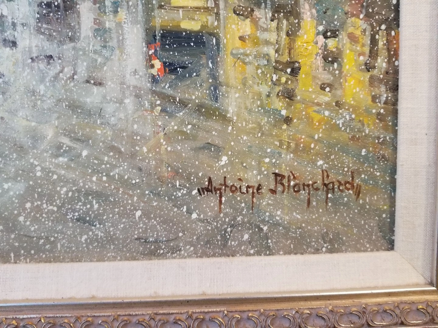 LARGE PARIS STREET SCENE IN THE SNOW OIL PAINTING BY ANTONIO BLANCHARD