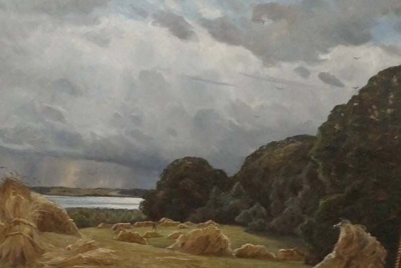 LARGE PASTORAL OIL PAINTING WITH HAY STACKS
