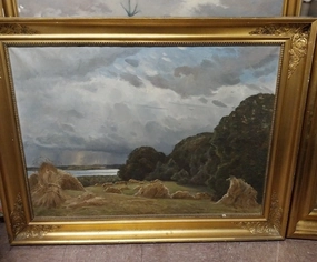 LARGE PASTORAL OIL PAINTING WITH HAY STACKS classic mural painting