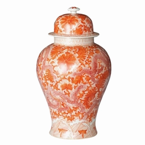 Large Porcelain Orange Temple Jar with Dragon & Floral Motif home display ornament