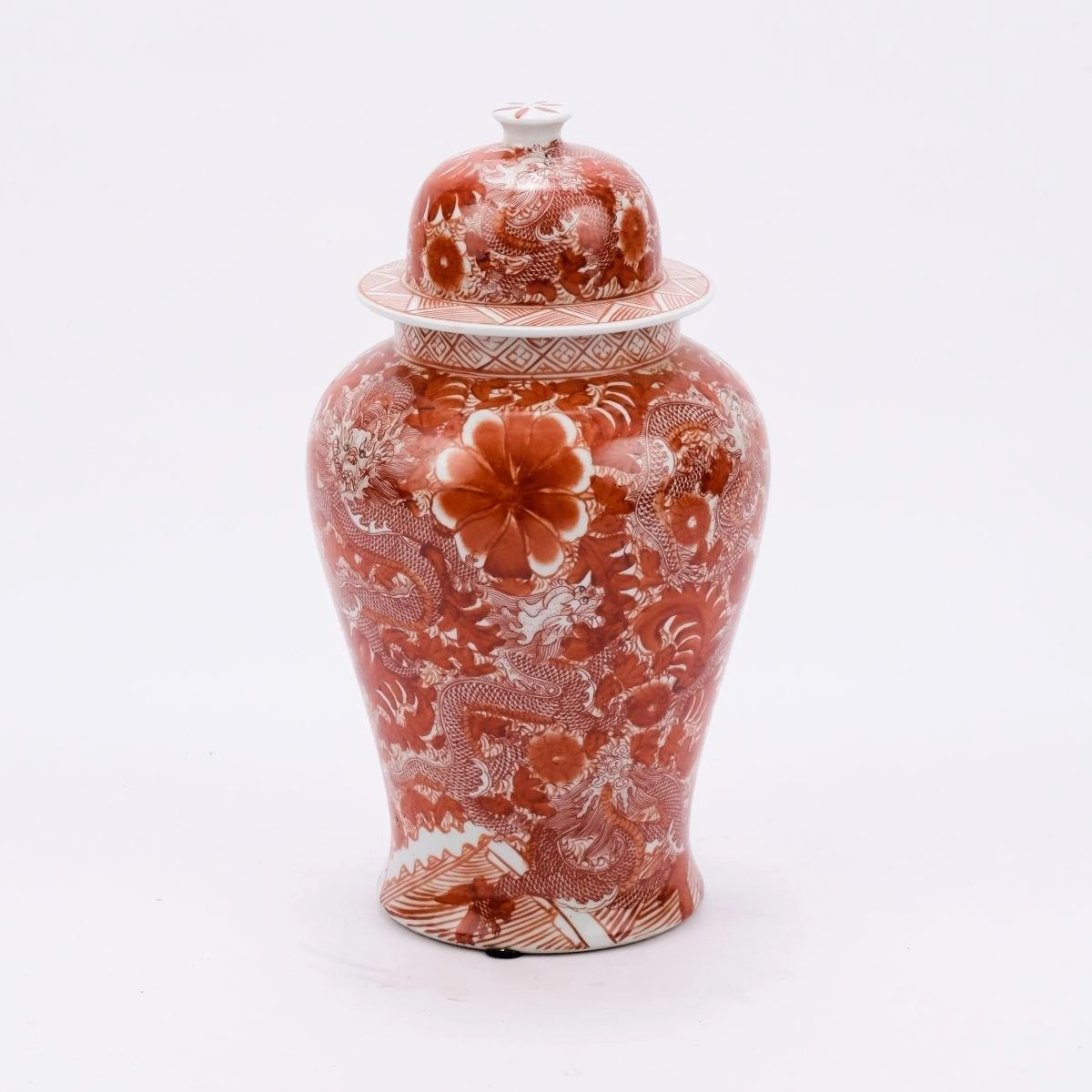Large Porcelain Orange Temple Jar with Dragon & Floral Motif