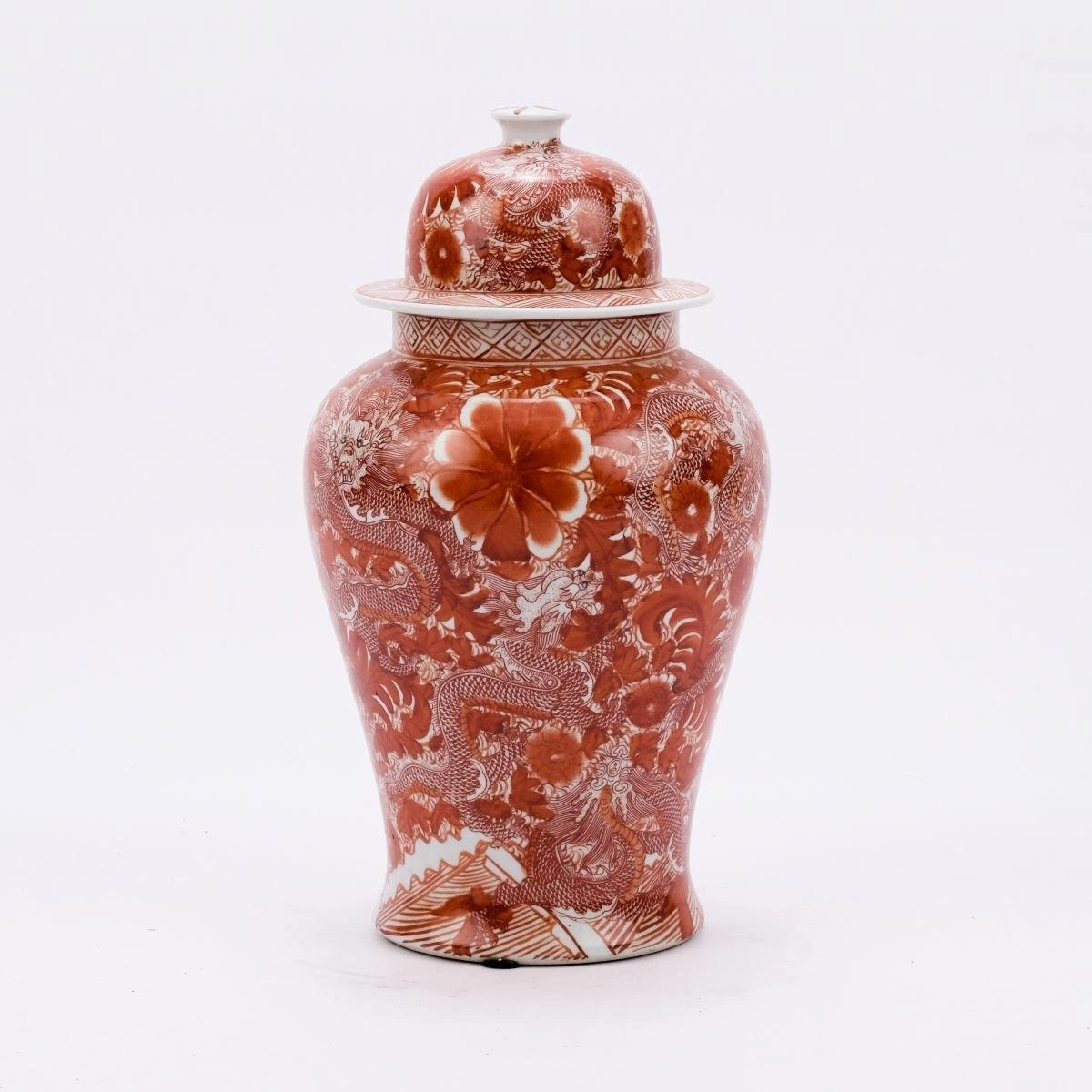 Large Porcelain Orange Temple Jar with Dragon & Floral Motif