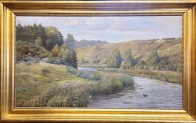 LARGE RIVER BED OIL PAINTING WITH DUCK-  ON CANVAS classic mural painting