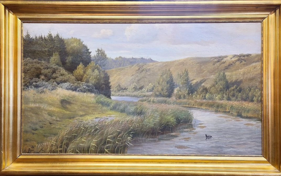 LARGE RIVER BED OIL PAINTING WITH DUCK-  ON CANVAS classic mural painting