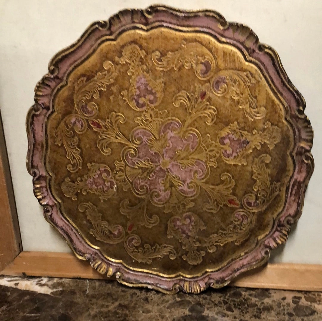 LARGE ROUND PINK FLORENTINE TRAY