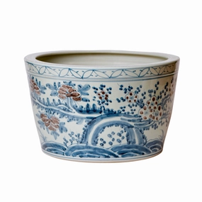 Large Rustic Red, Blue and White Blossoms Porcelain Planter home display ornament