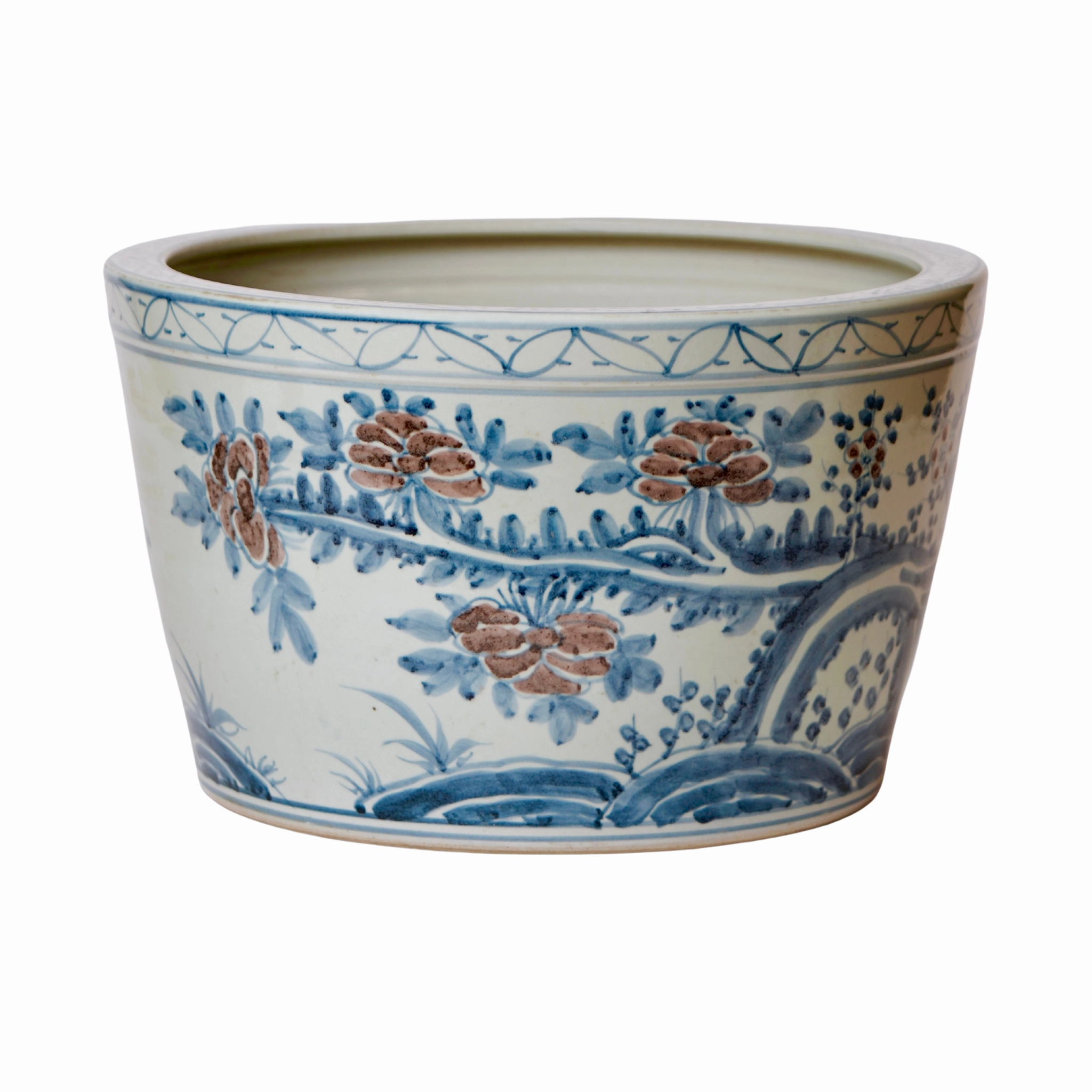 Large Rustic Red, Blue and White Blossoms Porcelain Planter