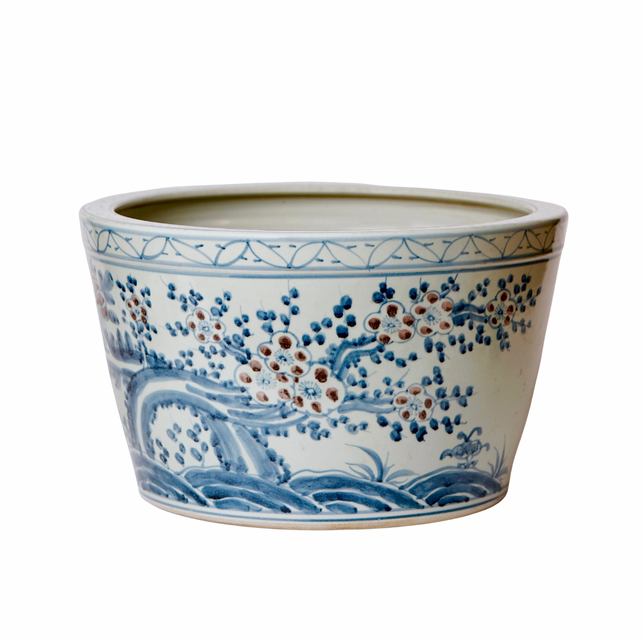 Large Rustic Red, Blue and White Blossoms Porcelain Planter