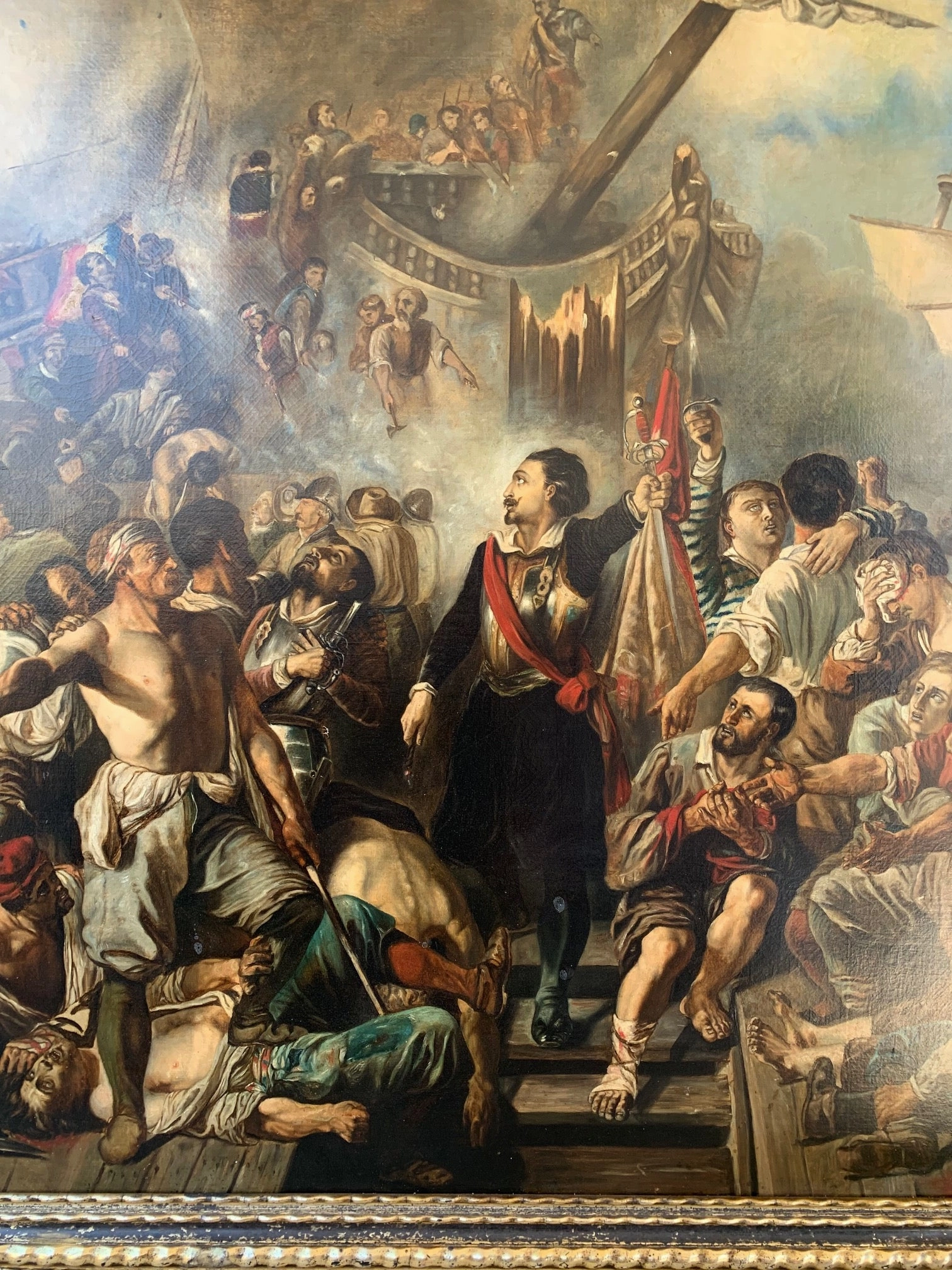 LARGE SHIP BATTLE OIL PAINTING