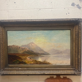 LARGE SIGNED LESLIE HORIZONTAL LANDSCAPE OF MAN FISHING OIL PAINTING ON CANVAS classic mural painting