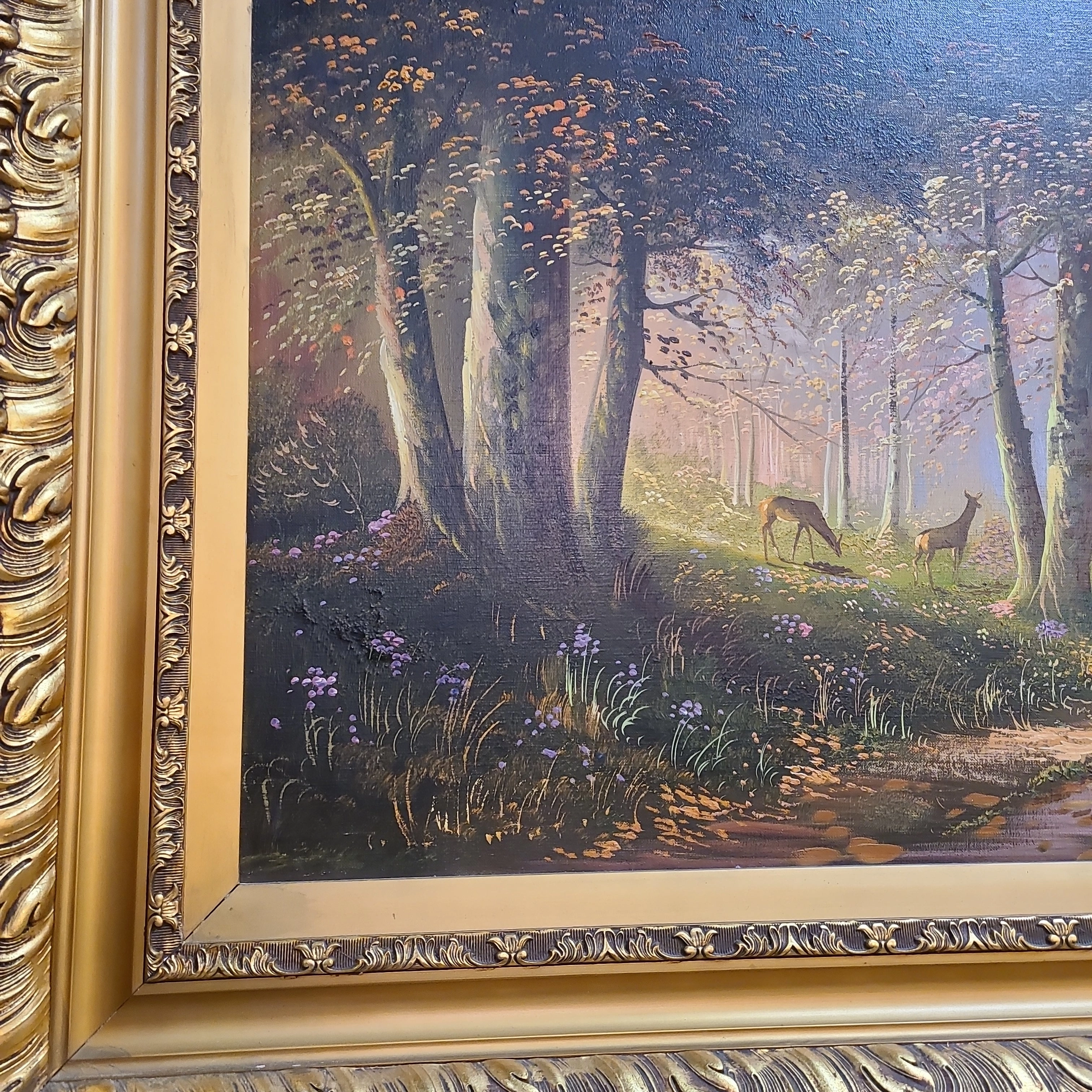 LARGE SIGNED SYLVAN OIL PAINTING WITH COUNTRY ROAD AND DEER