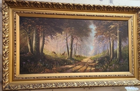 LARGE SIGNED SYLVAN OIL PAINTING WITH COUNTRY ROAD AND DEER classic mural painting