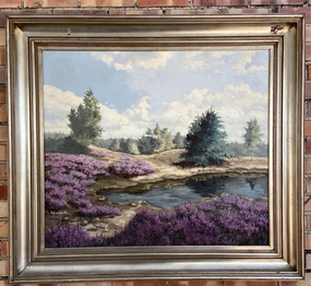 LARGE SQUARE PAINTING OF POND WITH LAVENDER FLOWERS classic mural painting