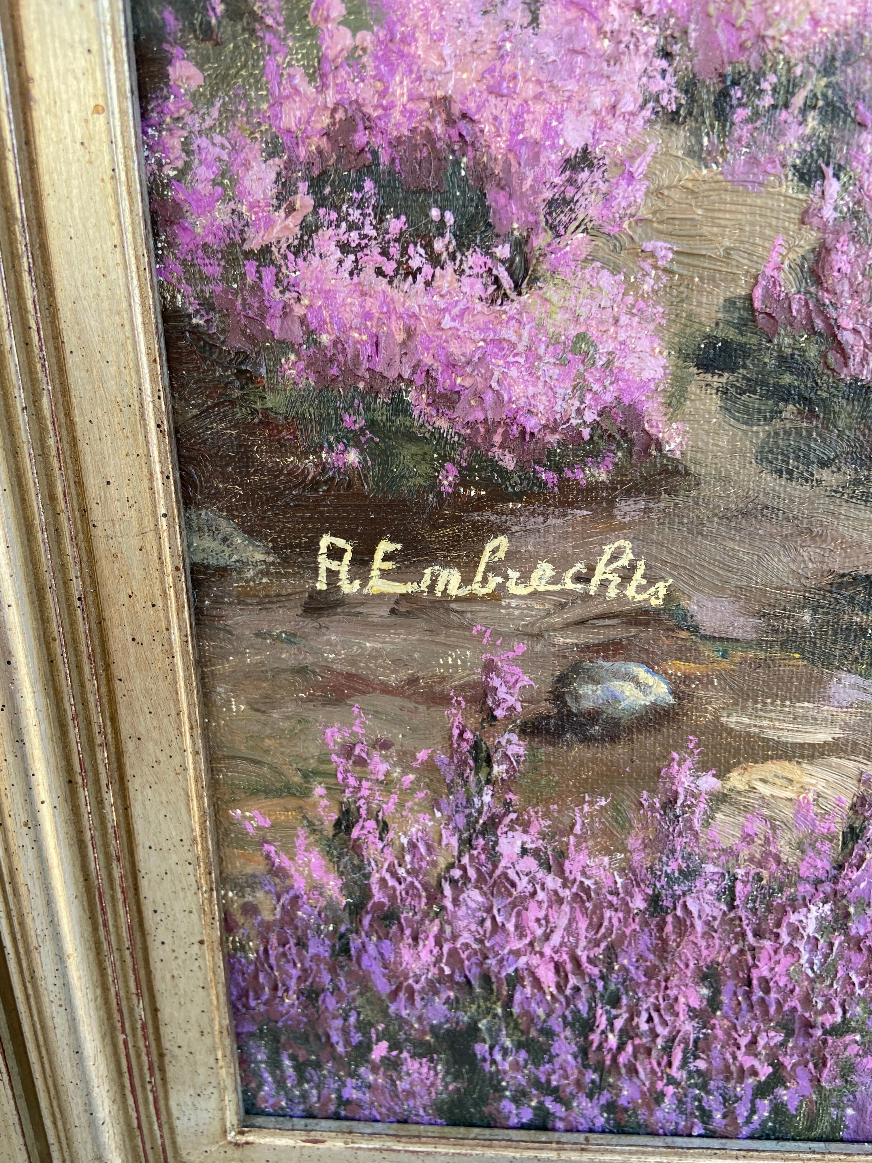 LARGE SQUARE PAINTING OF POND WITH LAVENDER FLOWERS