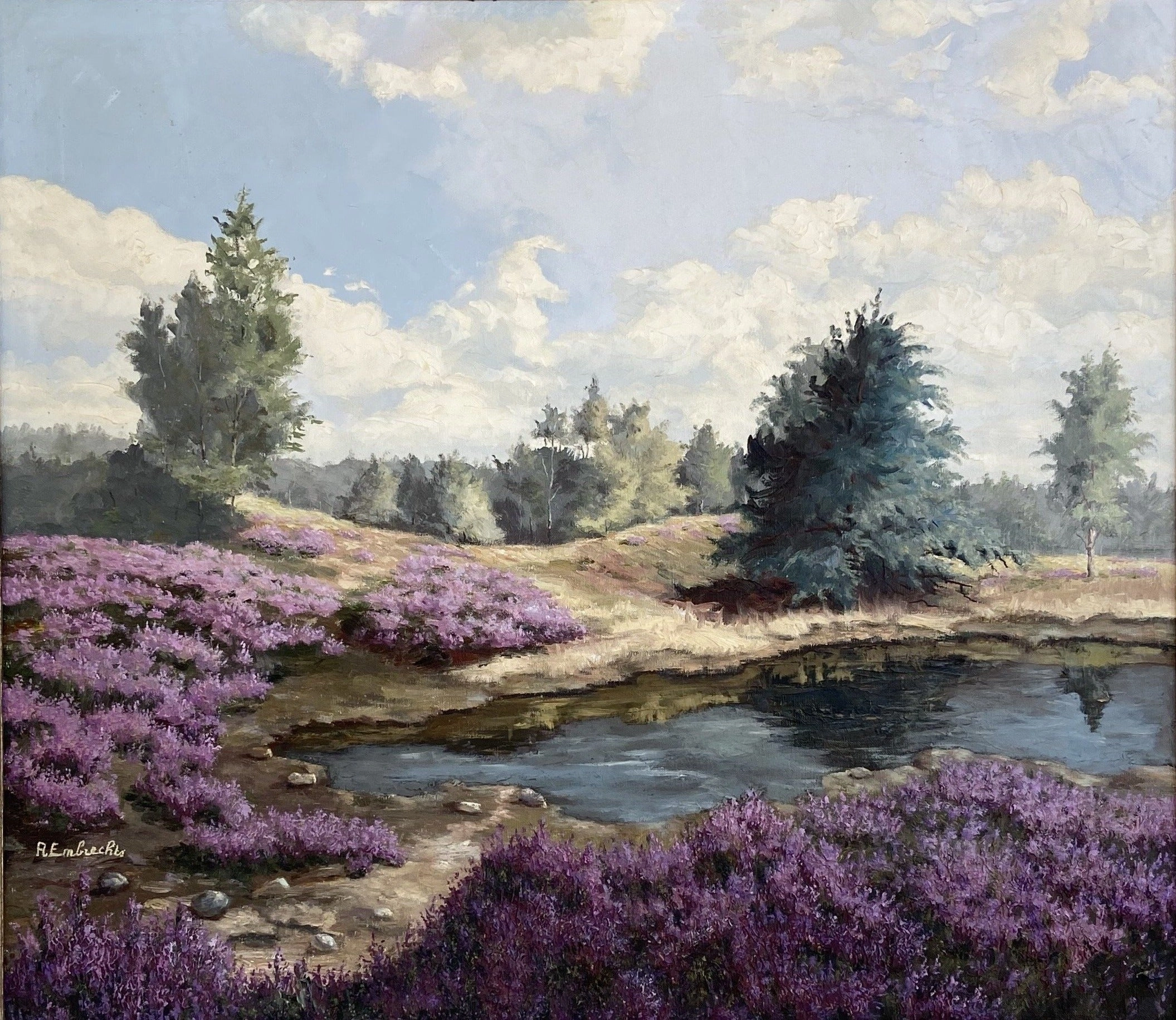 LARGE SQUARE PAINTING OF POND WITH LAVENDER FLOWERS