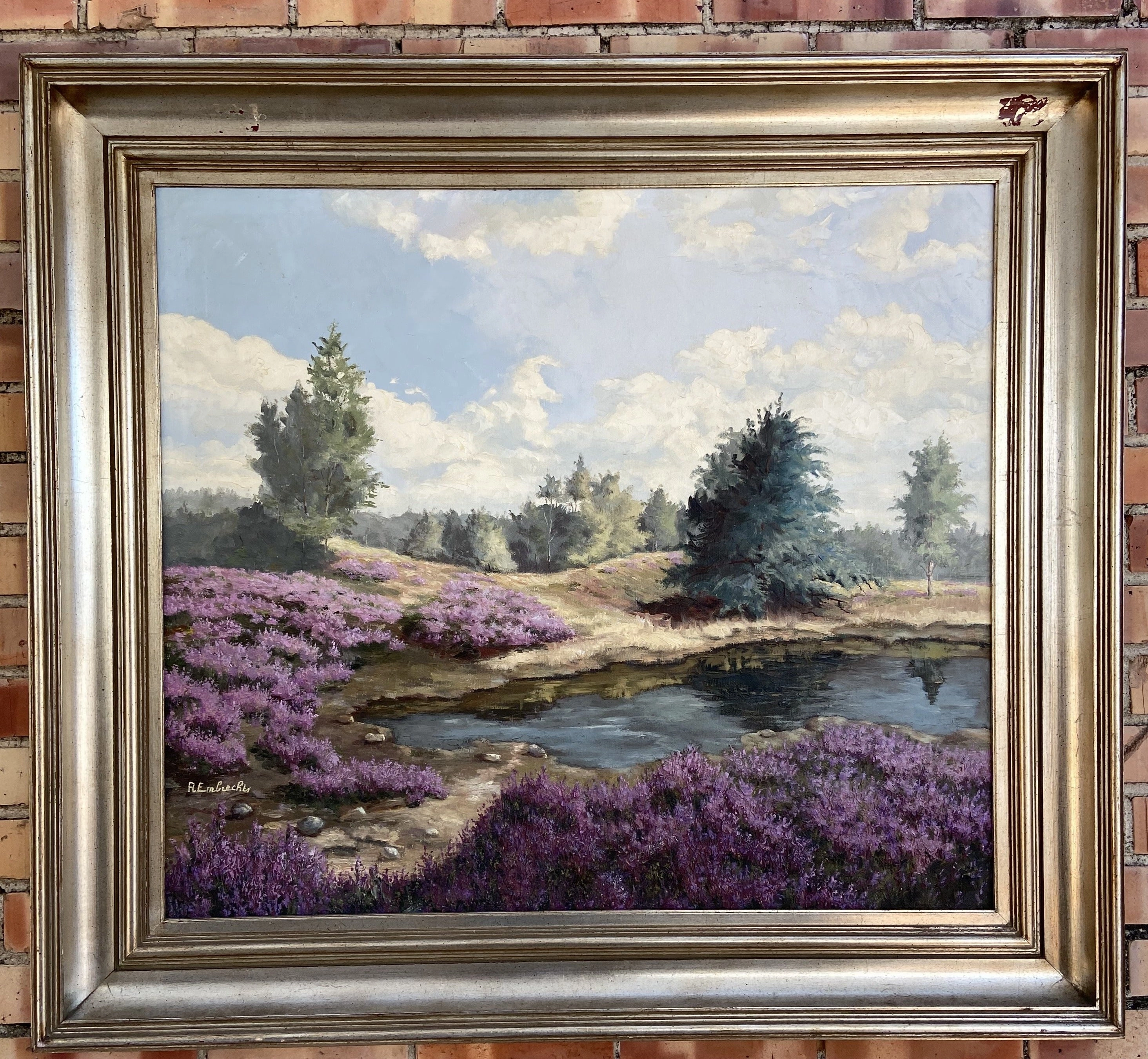 LARGE SQUARE PAINTING OF POND WITH LAVENDER FLOWERS classic mural painting