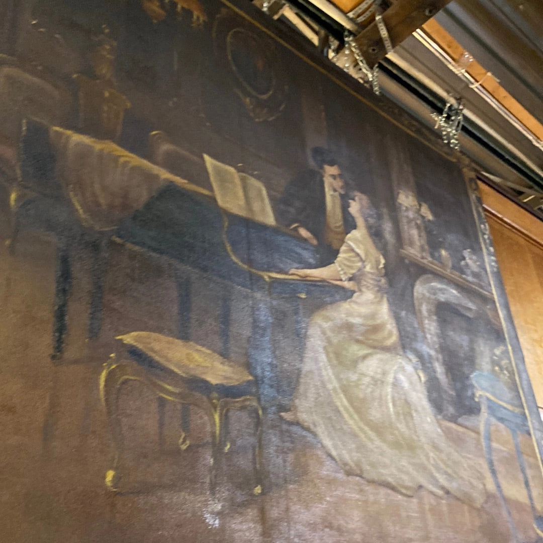 LARGE UNFRAMED OIL PAINTING OF LADY PLAYING THE PIANO
