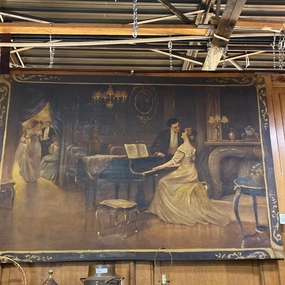 LARGE UNFRAMED OIL PAINTING OF LADY PLAYING THE PIANO classic mural painting