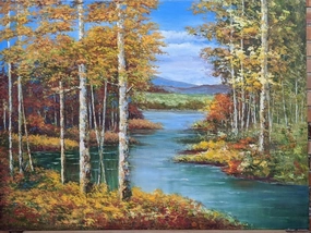 LARGE UNFRAMED OIL PAINTING OF NORTHERN LAKES classic mural painting
