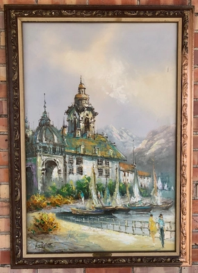 LARGE VERTICAL FRAME WITH AS IS 1960'S PAINTING classic mural painting