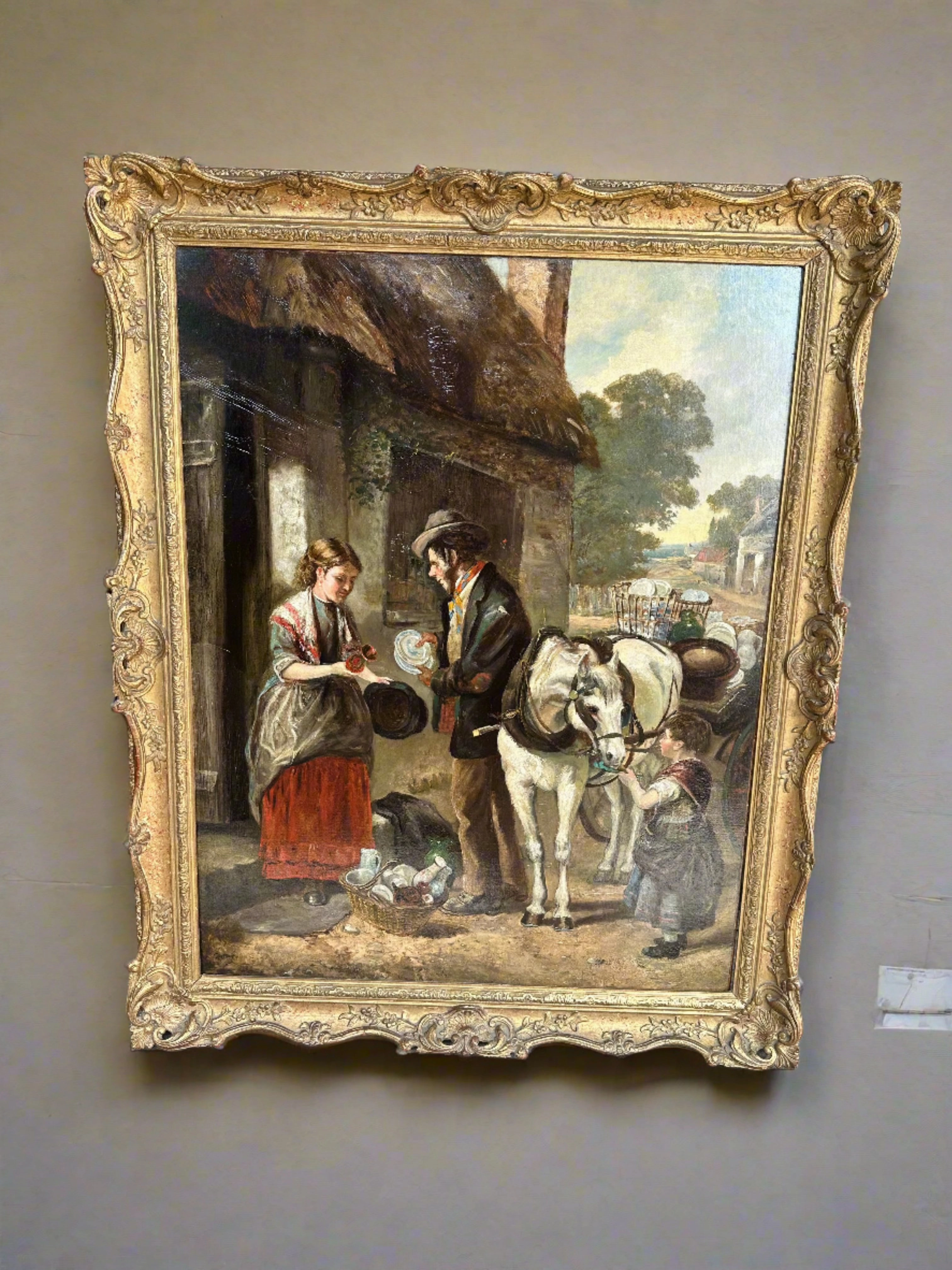 LARGE VERTICAL OIL PAINTING OF A YOUNG LADY WITH A TRAVELING MERCHANT classic mural painting