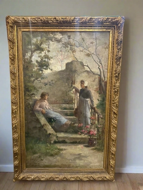 LARGE  VERTICAL OIL PAINTING WITH 2 WOMEN CONVERSING ON STAIRS classic mural painting