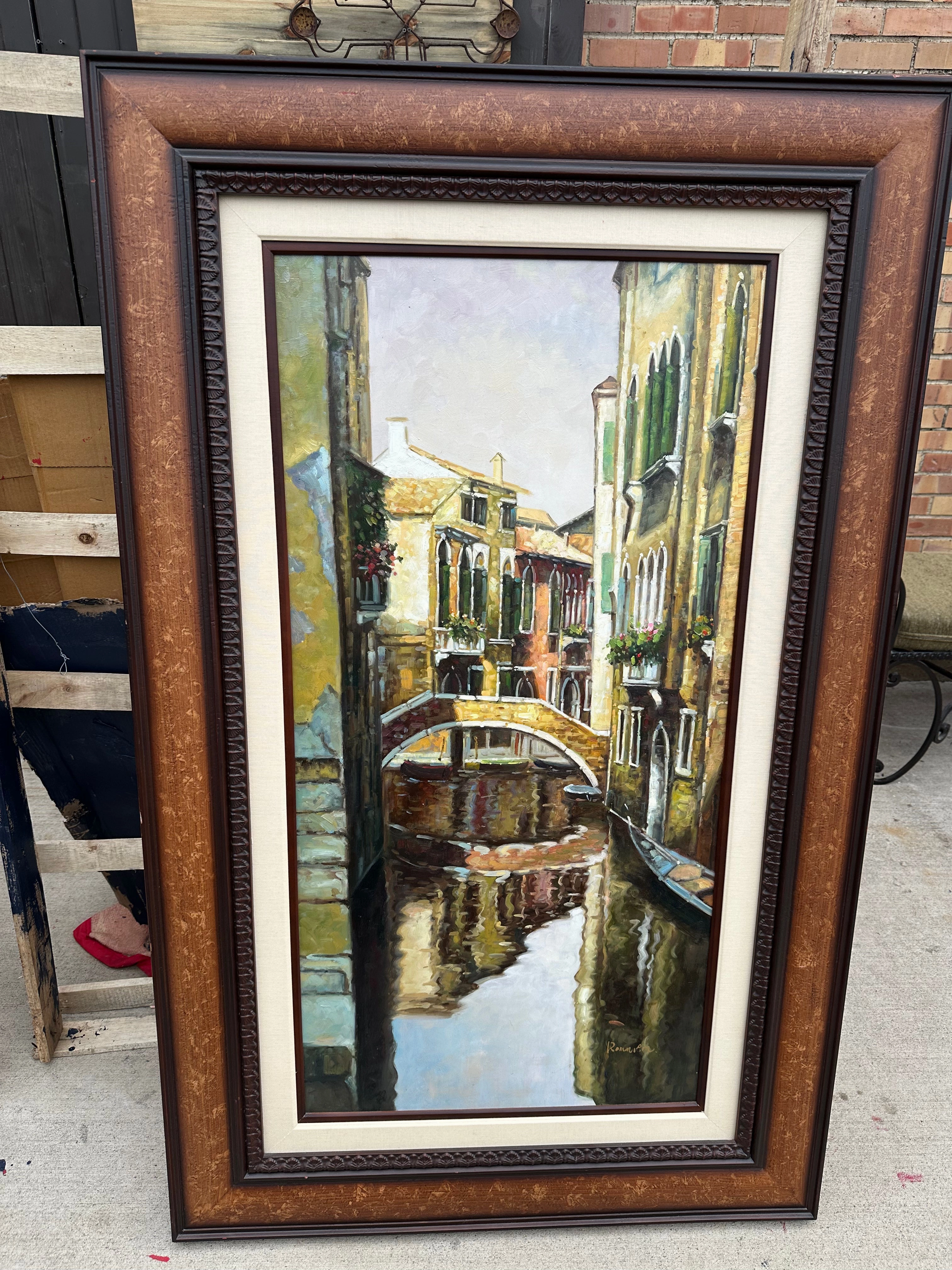 LARGE VERTICAL PAINTING OF A CANAL classic mural painting