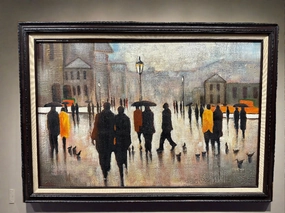 LARGE VINTAGE OIL PAINTING ON CANVAS OF A RAINY STREET SCENE classic mural painting