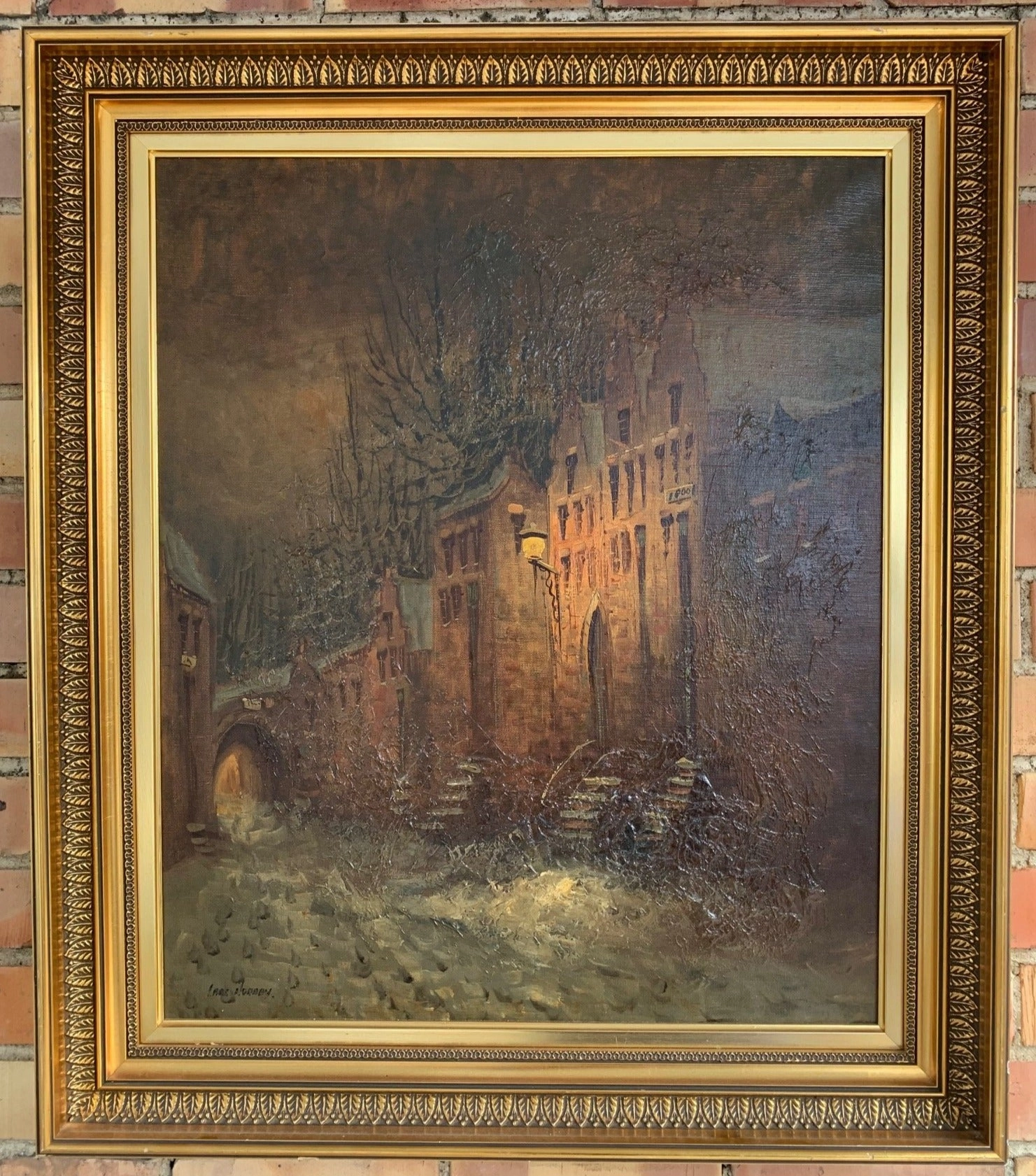 LARS NORDBY OIL ON CANVAS PAINTING OF EVENING WINTER STREET SCENE classic mural painting